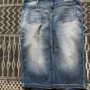 Hinge Distressed Denim Midi Skirt Sz M